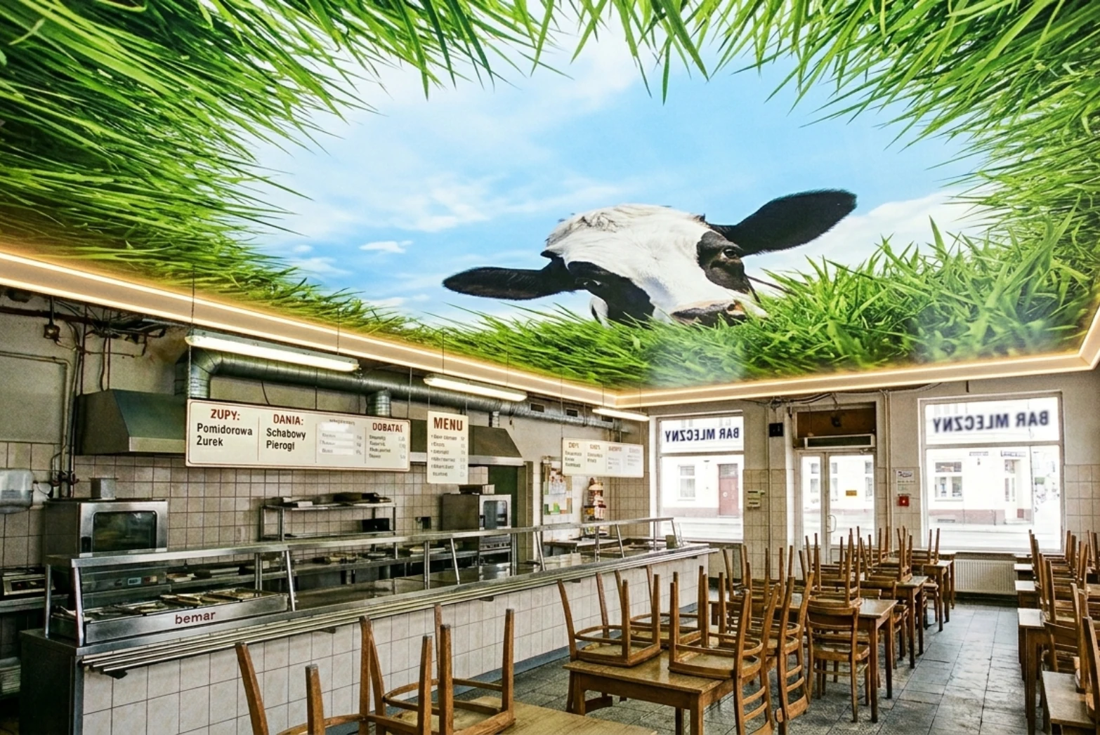 bar mleczny z sufitem napinanym z grafiką i oświetleniem led