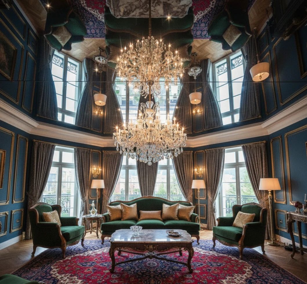 Lustrzany sufit napinany w salonie