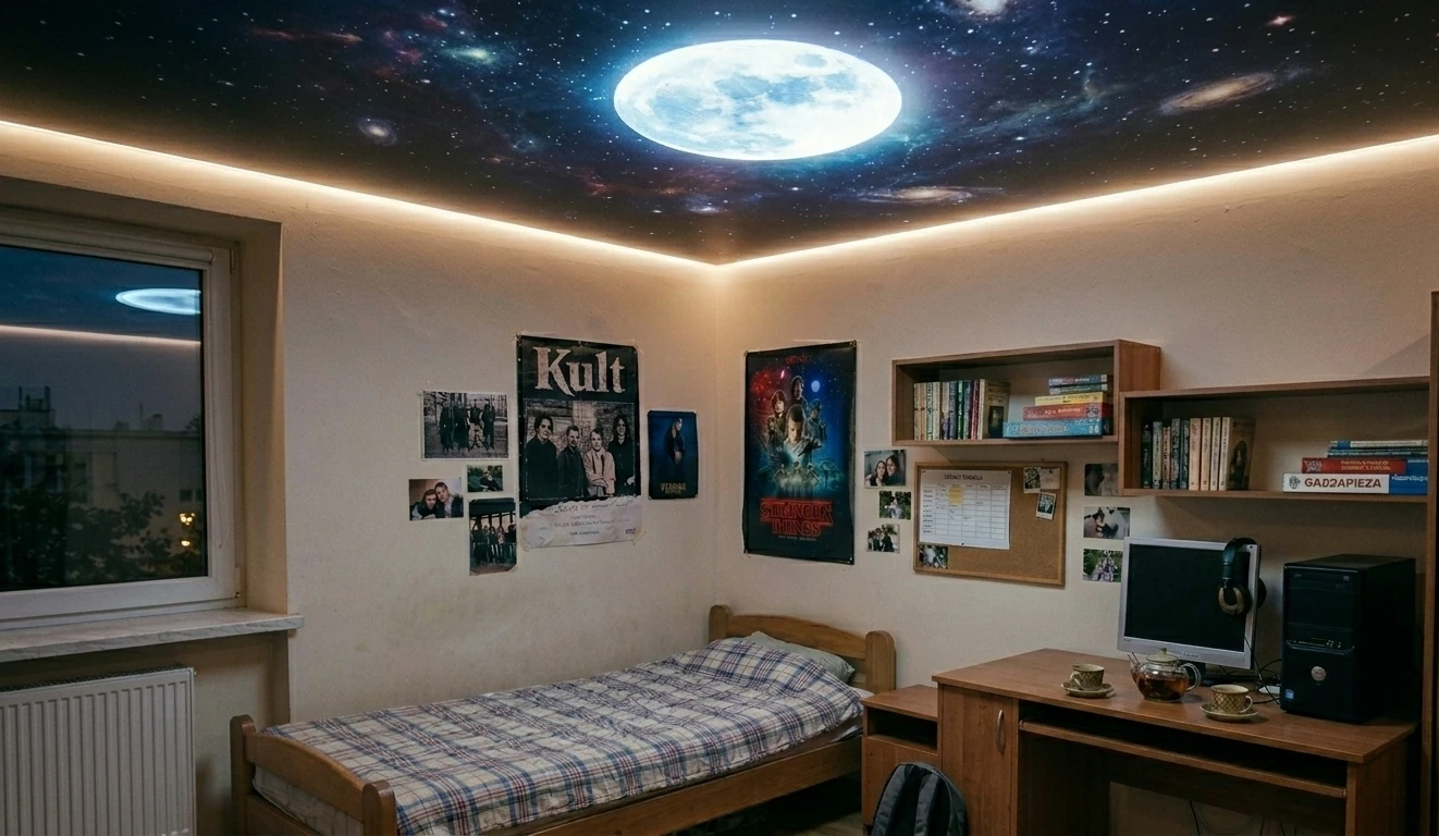 sufit napinany w pokuj nastolatka z nadrukiem i świecącym księżycem jako lampa.