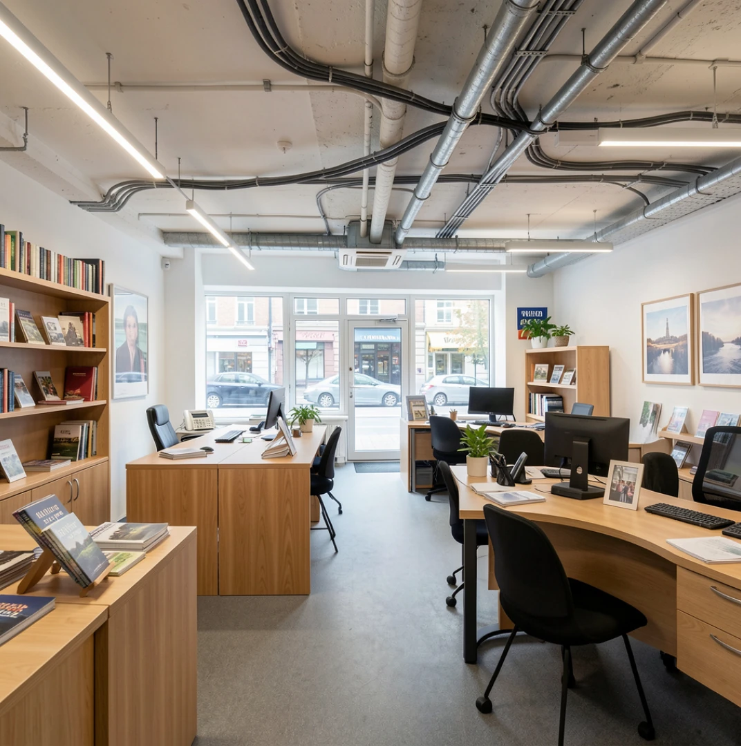 biuro-podrozy image Tradycyjny sufit w biurze z widocznymi kablami i rurami wentylacyjnymi