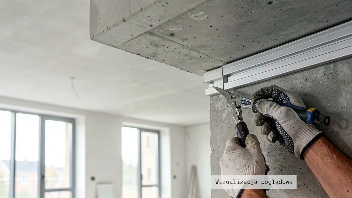 Instalator w rękawicach roboczych mocuje aluminiowy profil ścienny typu h na styku betonowego stropu i ściany podczas montażu sufitu napinanego.