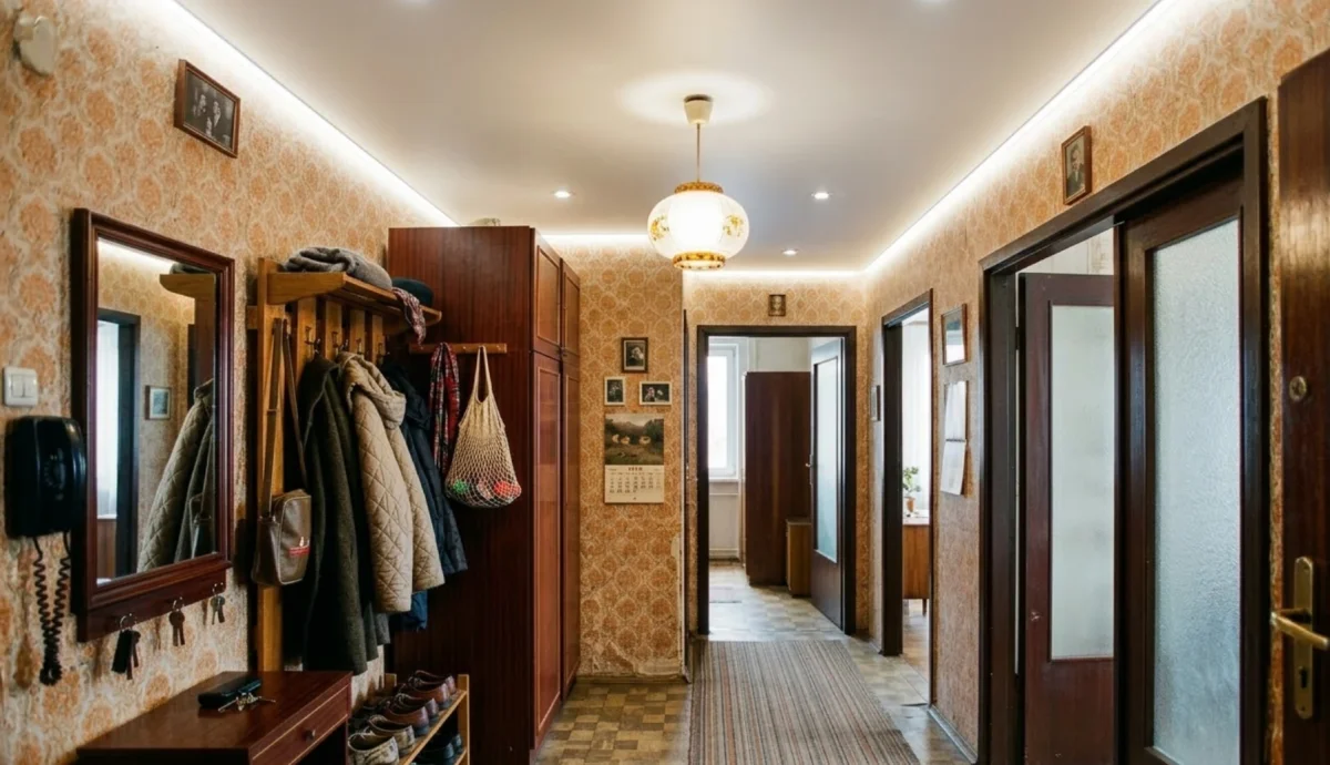 Sufit napinany w starym przedpokoju z lat 70